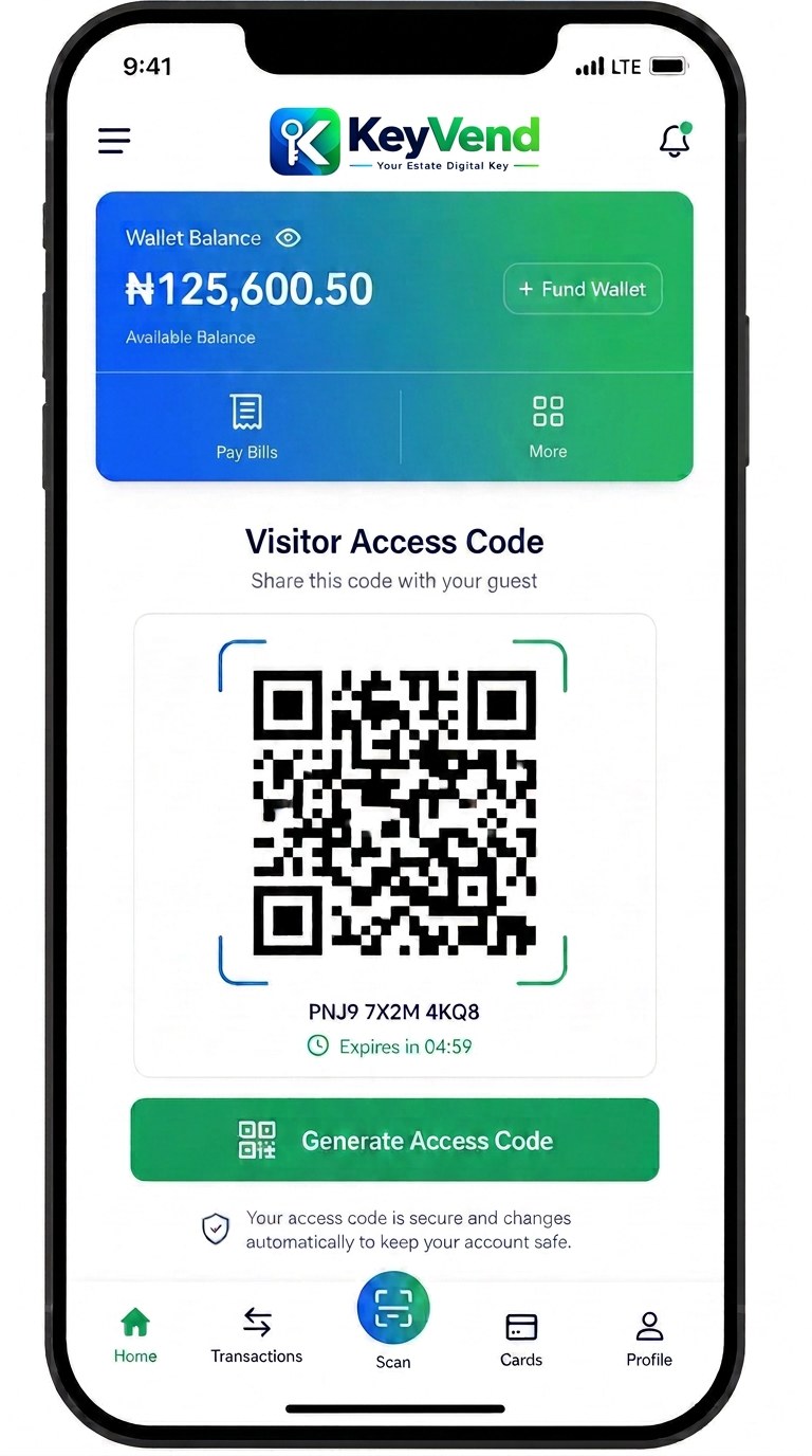 KeyVend mobile app showing a visitor access code and wallet balance